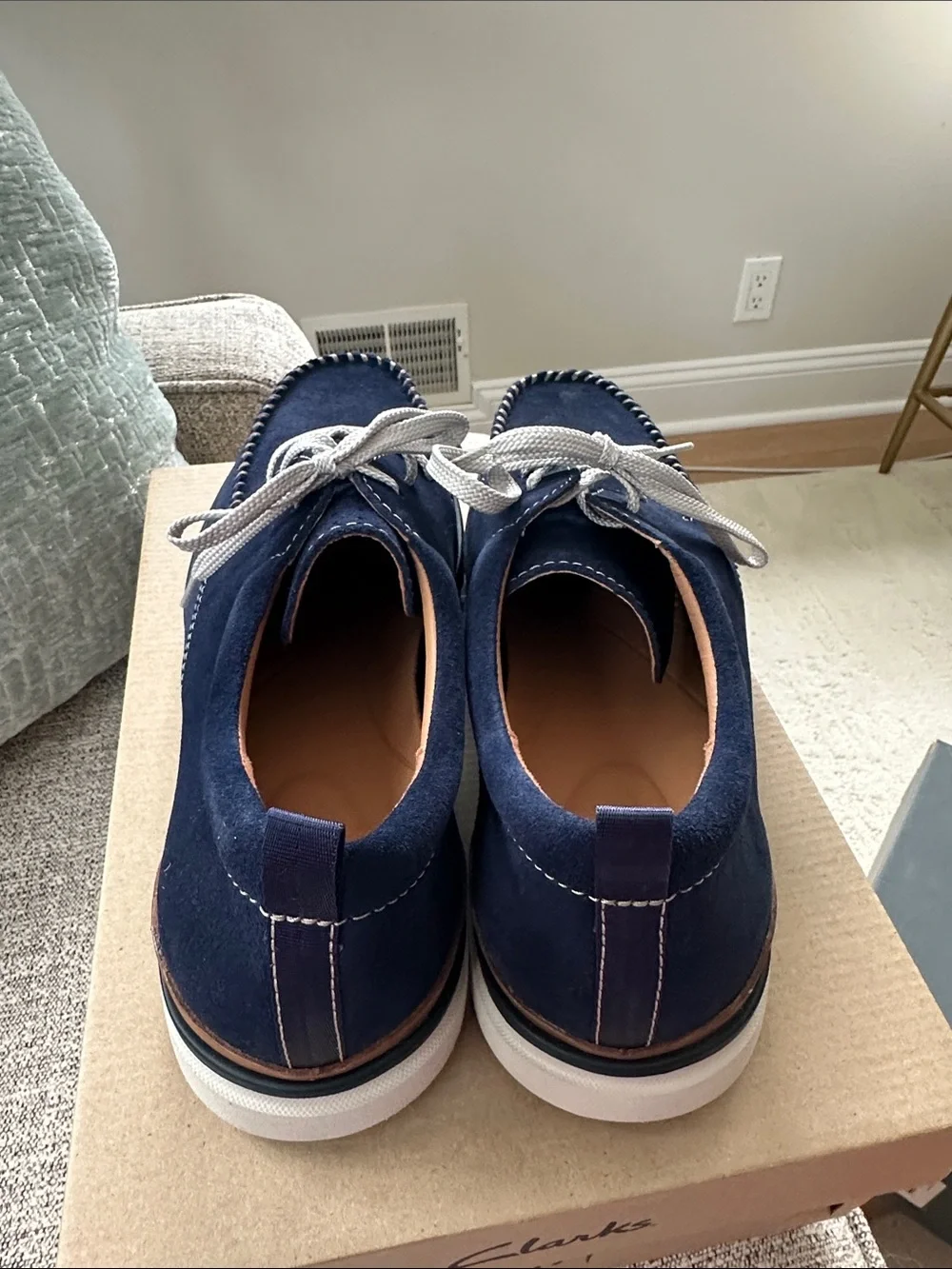 BRAND NEW WITH TAGS!! Clarks Navy Suede Boat-Style Lace-Up Shoes with White Lace